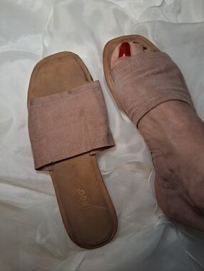 Women’s Worn Slide Sandals in Blush Pink - Neutral Suede Look